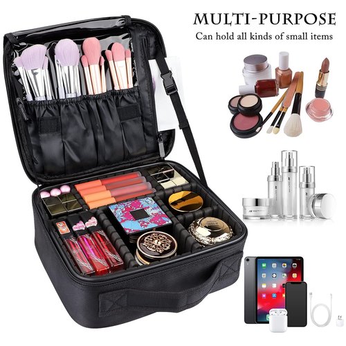 JOURMON Travel Makeup Bag Train Case Cosmetic Case Organizer Portable Artist Storage Bag with Adjustable Dividers for Cosmetics Makeup Brushes Toiletry Jewelry Digital Accessories(Black,S)