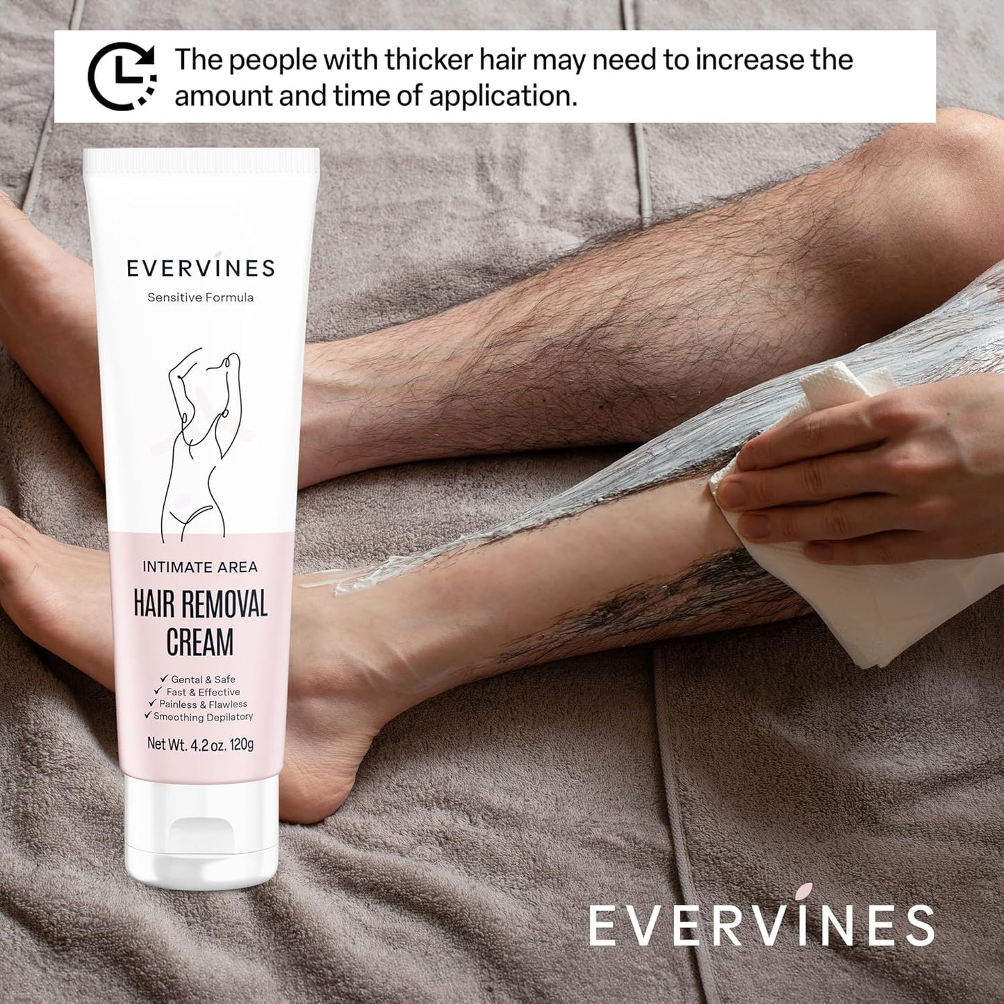 Evervines Hair Removal Cream for Women: Fast, Painless Depilatory for Bikini, Pubic, Legs, Arms, Underarms – Sensitive Skin Safe, Travel & Home Use with Scraper – 4.2oz (1 pack)