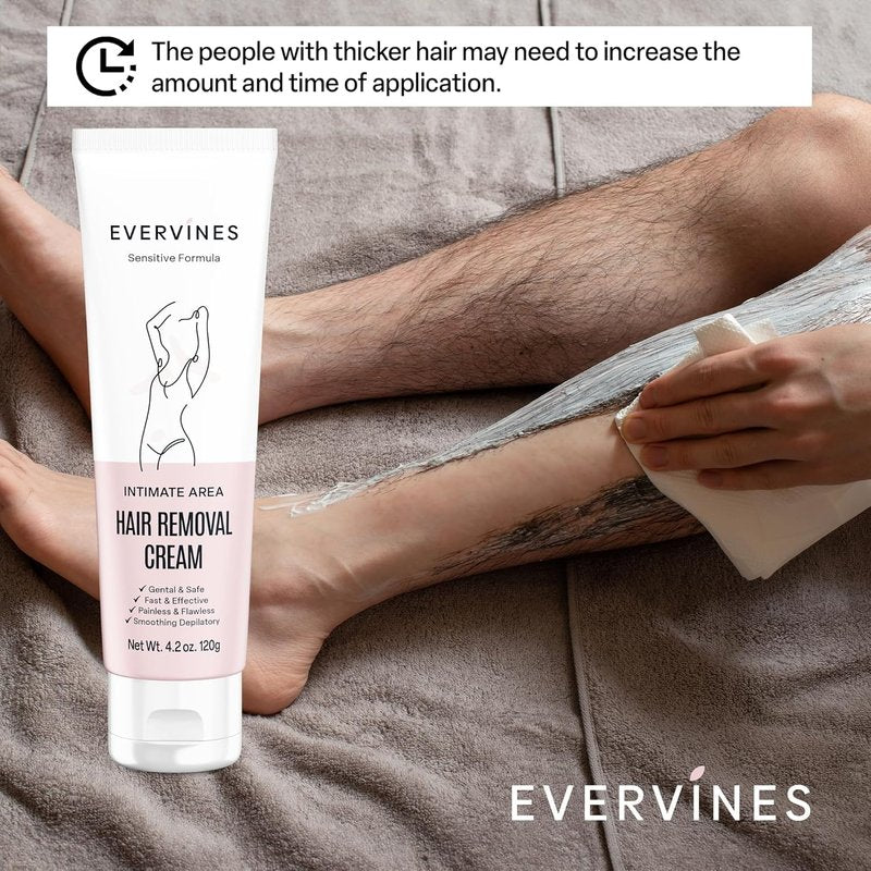 Evervines Hair Removal Cream for Women: Fast, Painless Depilatory for Bikini, Pubic, Legs, Arms, Underarms – Sensitive Skin Safe, Travel & Home Use with Scraper – 4.2oz (1 pack)