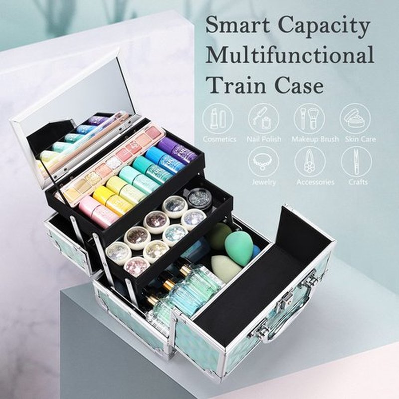 FRENESSA Makeup Train Case Portable Cosmetic Box Makeup Case Organizer with Mirror 2 Trays Lockable Makeup Storage Box for Cosmetologist, Makeup Tools, Craft Travel Cosmetology Case Blue