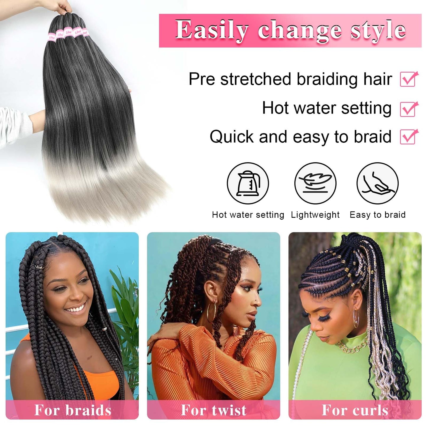 32 Inch Pre Stretched Braiding Hair Ombre Grey Long Crochet Braid Hair Yaki Braiding Hair Pre Stretched Hot Water Set Synthetic Braids(1B/Grey, 6packs, 32inch)