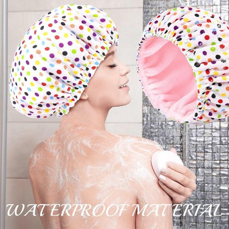Shower Cap for Women Terry Lined Bath Cap Large Reusable Waterproof Elastic Band Pink Point Shower Caps for Long Thick Hair Soft Bath Shower Hair Caps