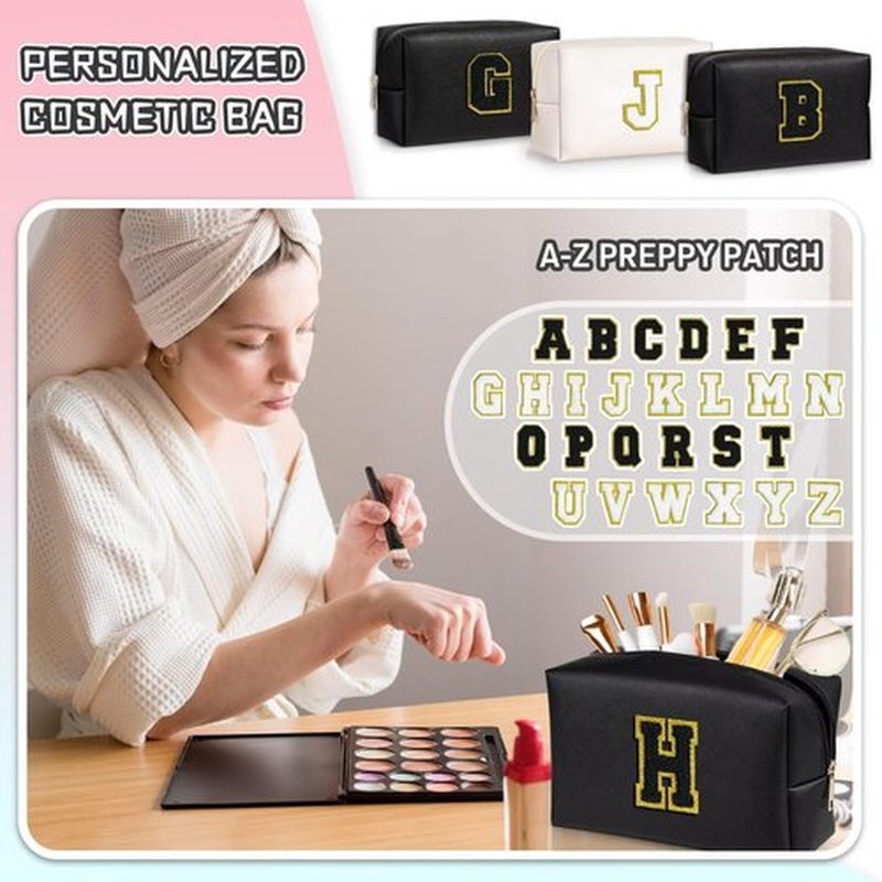 TOPEAST Initial Makeup Bag, Personalized Initial Bags with Zipper, Cute Makeup Pouch, PU Leather Waterproof Cosmetic Bag, Birthday Gift For Women, Preppy Things For Girls (Black A)