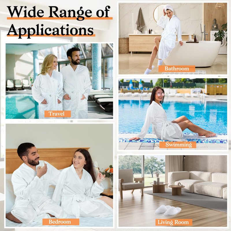 Handepo 2 Sets Waffle Bath Robe Set Unisex Hotel His and Hers Robes Couples Lightweight Knit Spa Bathrobe Slipper Hair Towel(White,L)
