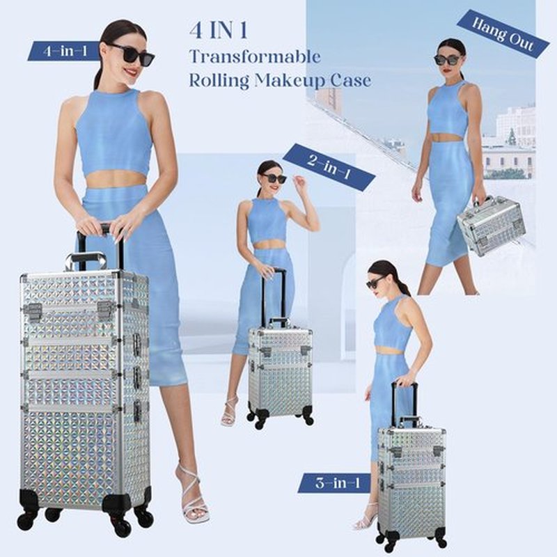 Stagiant Rolling Makeup Train Case Large Storage Cosmetic Trolley 4 in 1 Large Capacity Trolley Makeup Travel Case with Key Swivel Wheels Salon Barber Case Traveling Cart Trunk Shiny Silver