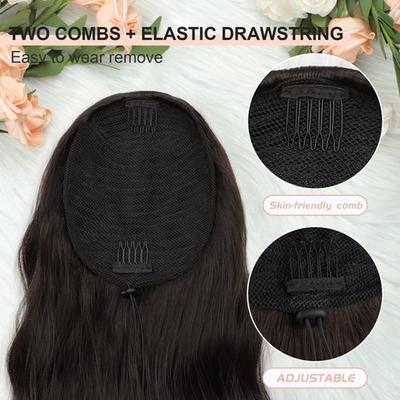 FREEMEIGE Ponytail Extension, 26 Inch Long Wavy Drawstring Ponytail for Women Dark Brown Pony Tail Hair Extension Synthetic Ponytail Hairpiece for Daily Use