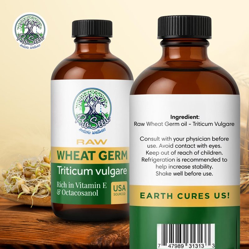 ProSeed Handmade Raw Wheat Germ Oil – Virgin, Unfiltered & Cold-Pressed Non-GMO Carrier Oil – High in Vitamin E & Omega Fatty Acids for Hair, Face, Skin & Body – 480ml (16oz) Glass Bottle