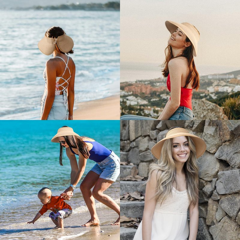 NPQQUAN Sun Visor Hats for Women Wide Brim Ponytail Straw Beach Hat Packable Foldable UPF 50+ Floppy Travel Hats Black