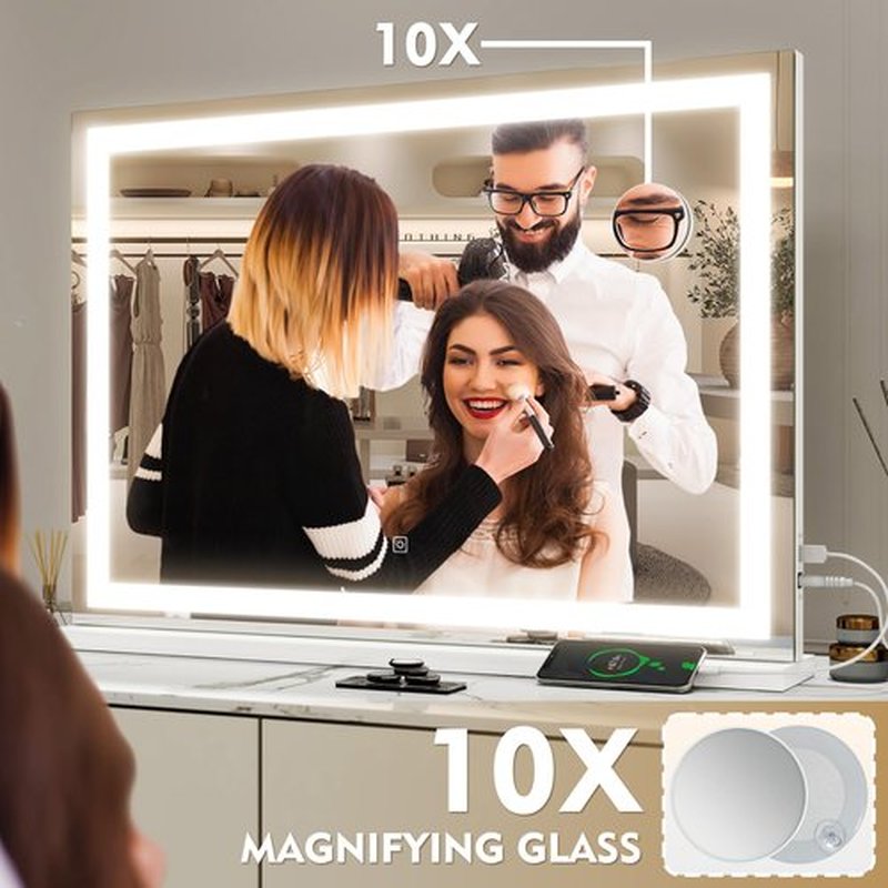 ROLOVE Vanity Mirror with Lights, 32" x 22" Large Lighted Vanity Mirror with Dimmable 3 Modes, LED Makeup Mirror, 10X Magnification, USB Charging Port, Tabletop or Wall-Mounted Square White