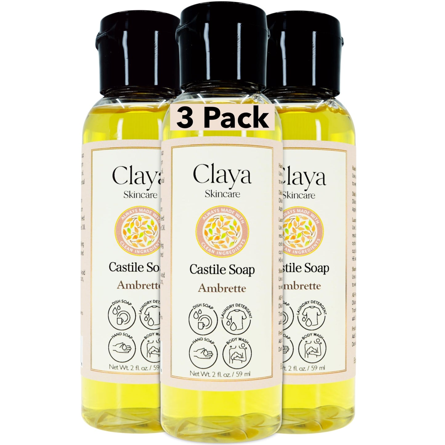 Claya Ambrette Liquid Castile Soap – Organic Ingredients, Biodegradable, Gentle for Sensitive Skin, Versatile Use and Travel Size (3 Pack of 2 fl oz)