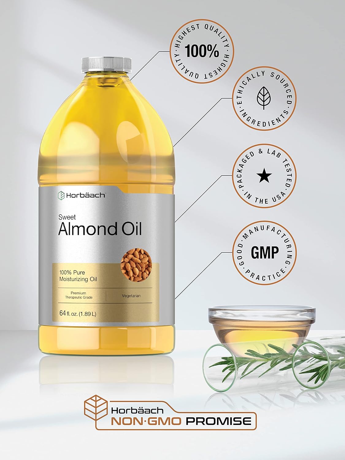 Horbäach Sweet Almond Oil 64 fl oz | for Hair and Skin | Cold Pressed & Hexane Free | Bulk Size Carrier Oil | Vegan, Non-GMO, Cruelty Free
