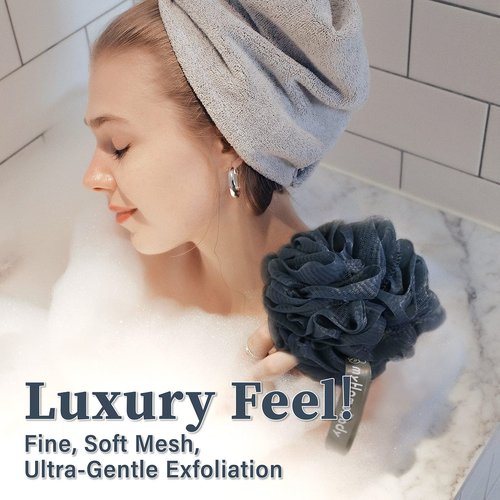myHomeBody Large 70g Loofah Sponge, Body Scrubber, Bath Sponge, Loofah for Women, Men, Exfoliating Sponge Shower Pouf with Activated Charcoal - 2 Sea Foam Green + 1 Navy Blue, 3 Pack