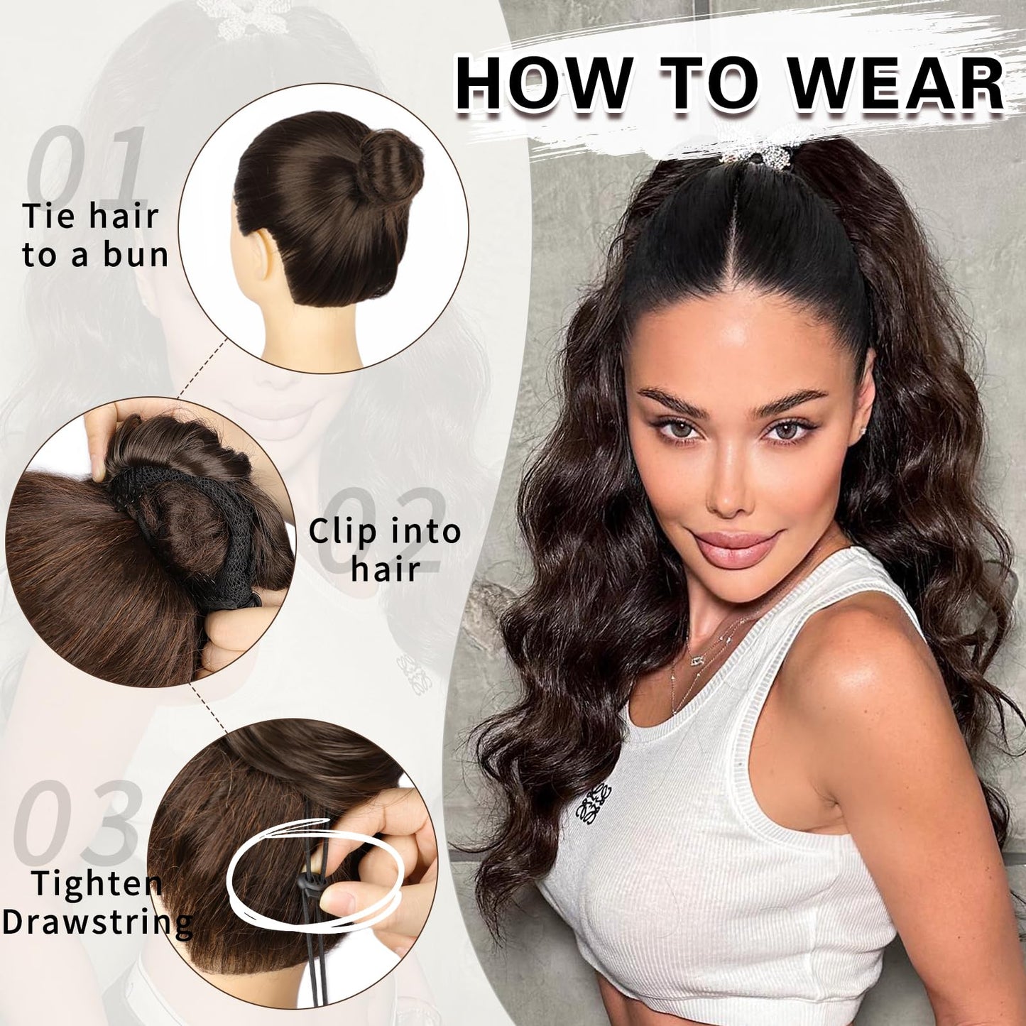 SHNMIN Ponytail Extension, Drawstring Ponytail Extension for Women 24 Inch Long Wavy Pony Tails Clip in Ponytail Hair Extensions Synthetic Layered Ponytail for Daily Use