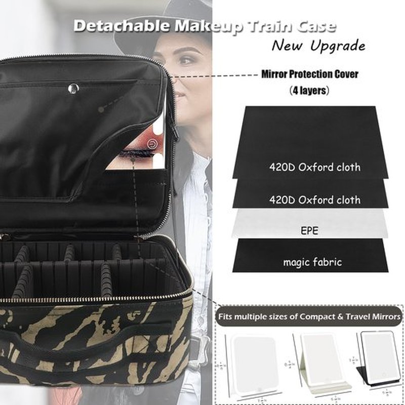 MOMIRA Makeup Train Case Makeup Bag with Light up Mirror Cosmetic Bag Organizer Detachable Portable Travel Makeup Case with Adjustable Dividers Makeup Brushes Storage, Waterproof,Zebra-Beige