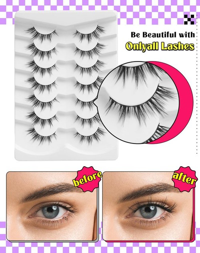 Onlyall Natural Lashes Wispy Lashes Natural Look False Eyelashes Natural Flared Eyelashes False Eye Lashes Soft Fluffy Lashes 7 Pairs D13 Sexy Cat Eye-10mm