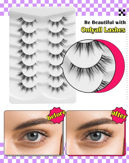 Onlyall Natural Lashes Wispy Lashes Natural Look False Eyelashes Natural Flared Eyelashes False Eye Lashes Soft Fluffy Lashes 7 Pairs D13 Sexy Cat Eye-10mm