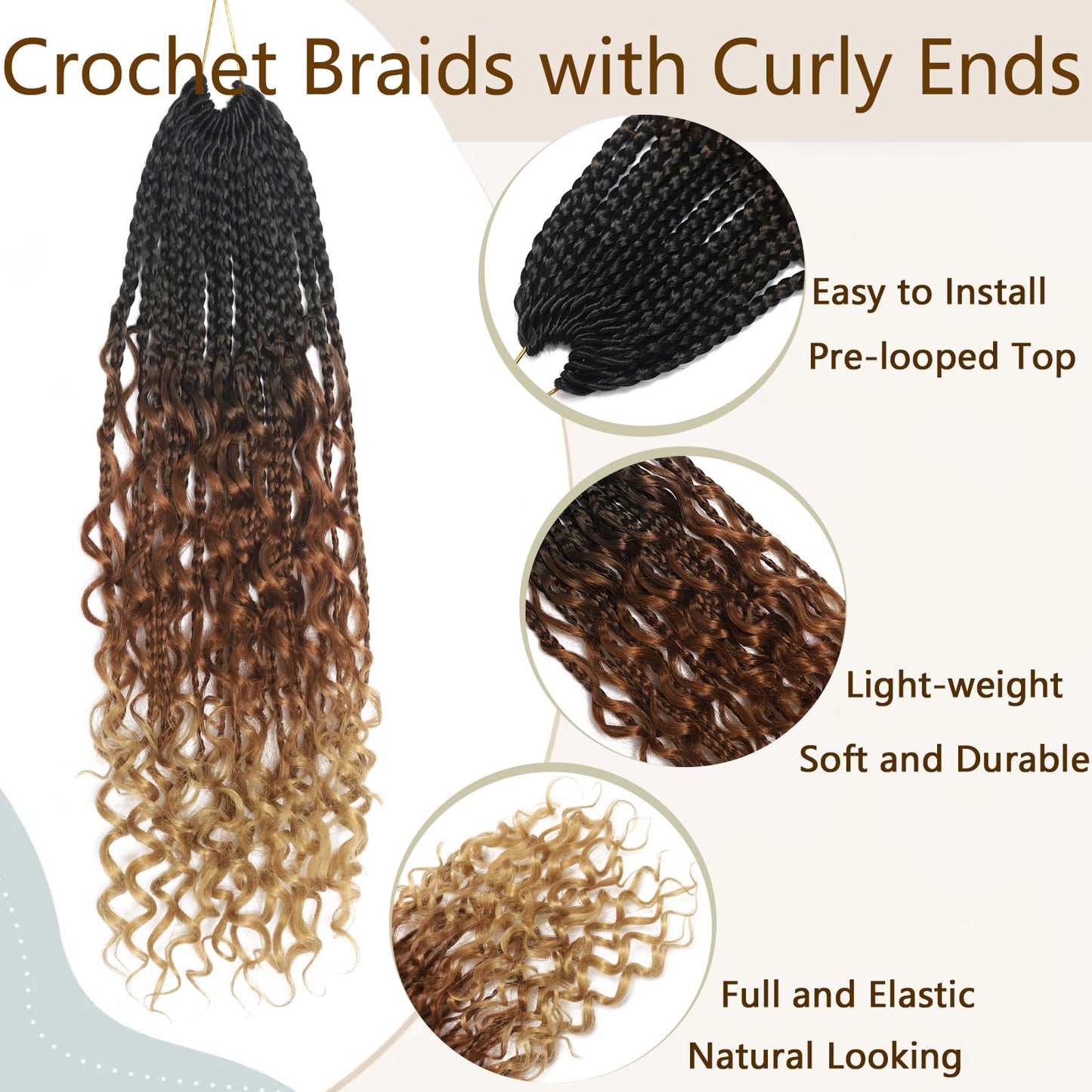 Goddess Box Braids Crochet Hair Boho Box Braids Crochet Hair Pre looped Crochet Braids with Curly Ends Bohomian Crochet Braids for Women (Ombre Black to Brown, 18 Inch Goddess Box Braids Pack of 7)