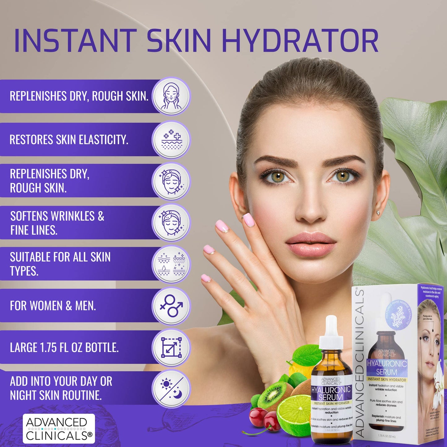 Advanced Clinicals Hyaluronic Acid Face Serum Skin Care Facial Moisturizer To Restore Skin, Anti Aging Face Serum For Wrinkles, Dark Spots, Fine Lines, & Dry Skin, 1.75 Fl Oz (Pack Of 2)