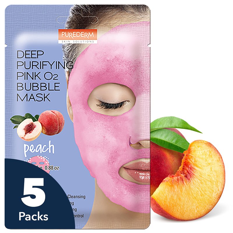 Purederm Peach Bubble Face Mask, Deep Cleansing for Radiance and Healthy Glow, Korean Skincare for Dull Skin (5 Pack)
