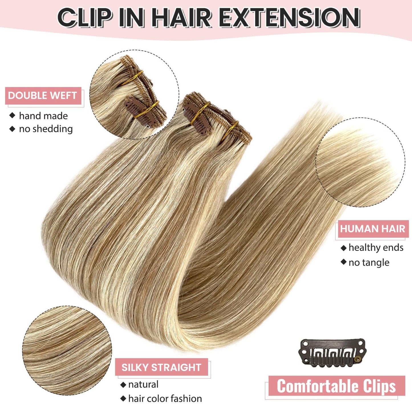 Clip in Hair Extensions Real Human Hair 70g 7pcs Seamless Clip in Hair Extensions Human Hair Beige Blonde and Platinum Blonde Balayage Clip ins Human Hair Extensions Long Straight Double Weft 20 Inch