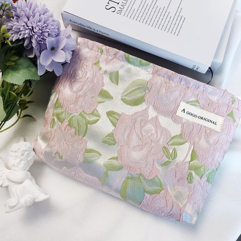 STARDW Aesthetic Makeup Bag for Women Travel Toiletry Bag Large Capacity Makeup Organizer Bag Floral Cosmetic Bags Zipper Pouch (Embossed Rose)