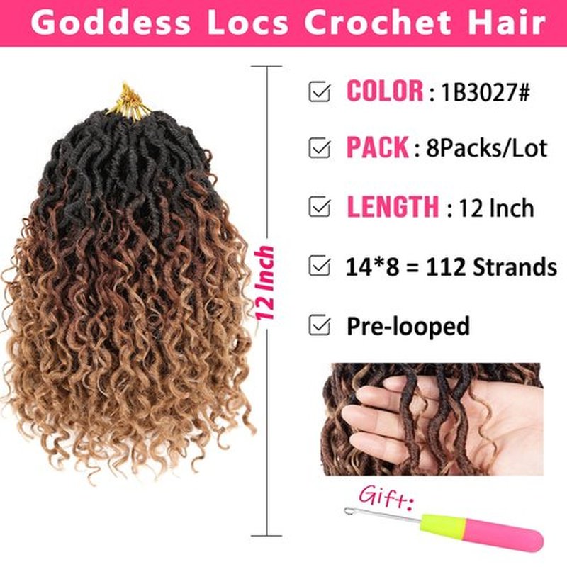 RuiYok 8Packs Goddess Locs Crochet Hair 12 Inch Ombre Faux Locs Crochet Hair with Curly Ends Pre-looped River Locs Crochet Hair Boho Hippie Locs Synthetic Hair Extensions(#1B3027)