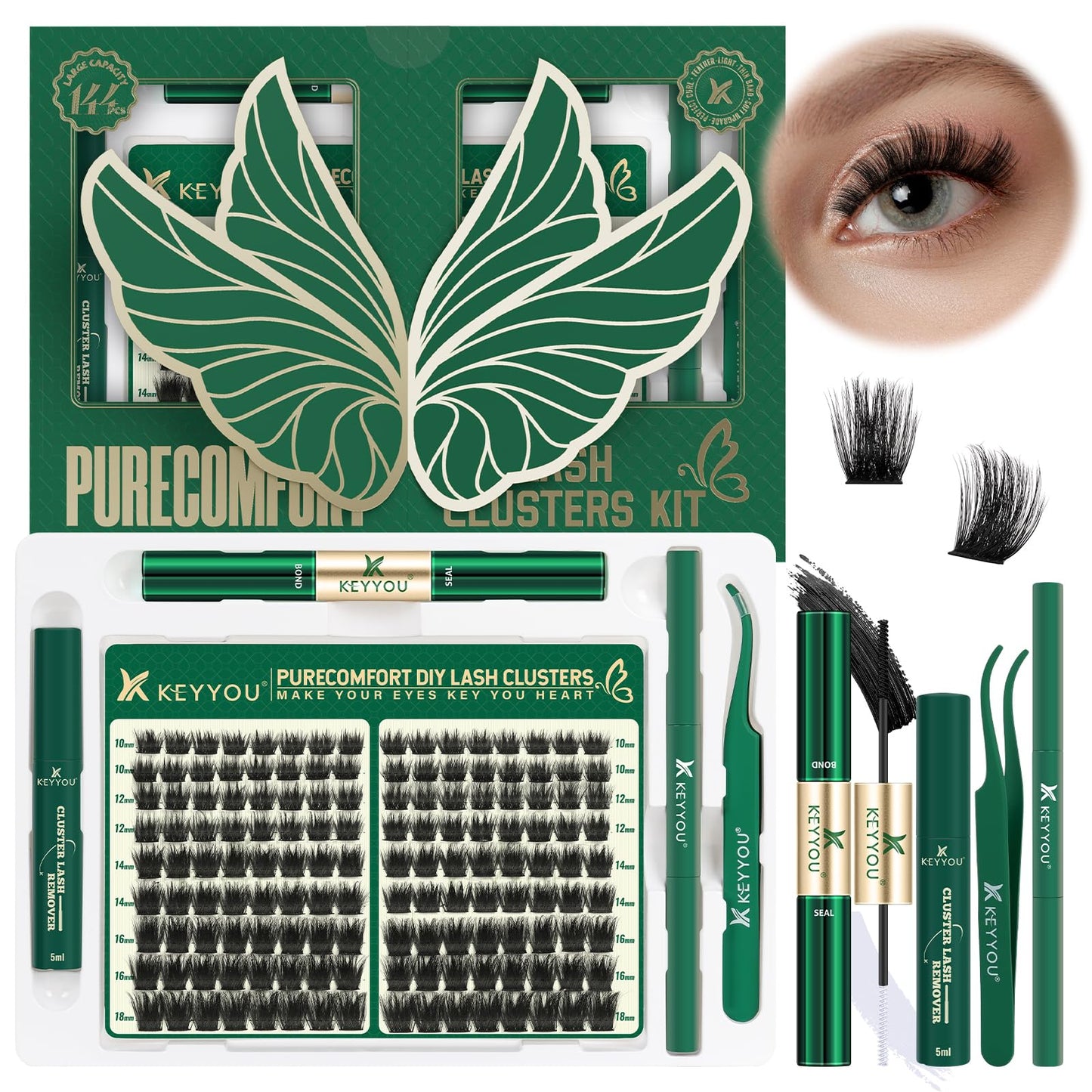 KEYYOU Lash Extension Kit 144pcs Thick Super Soft Lash Clusters with Lash Bond and Seal Lash Glue Remover Lash Applicator and Lash Brush Easy to DIY at Home(PC02-D-10-18MIX)