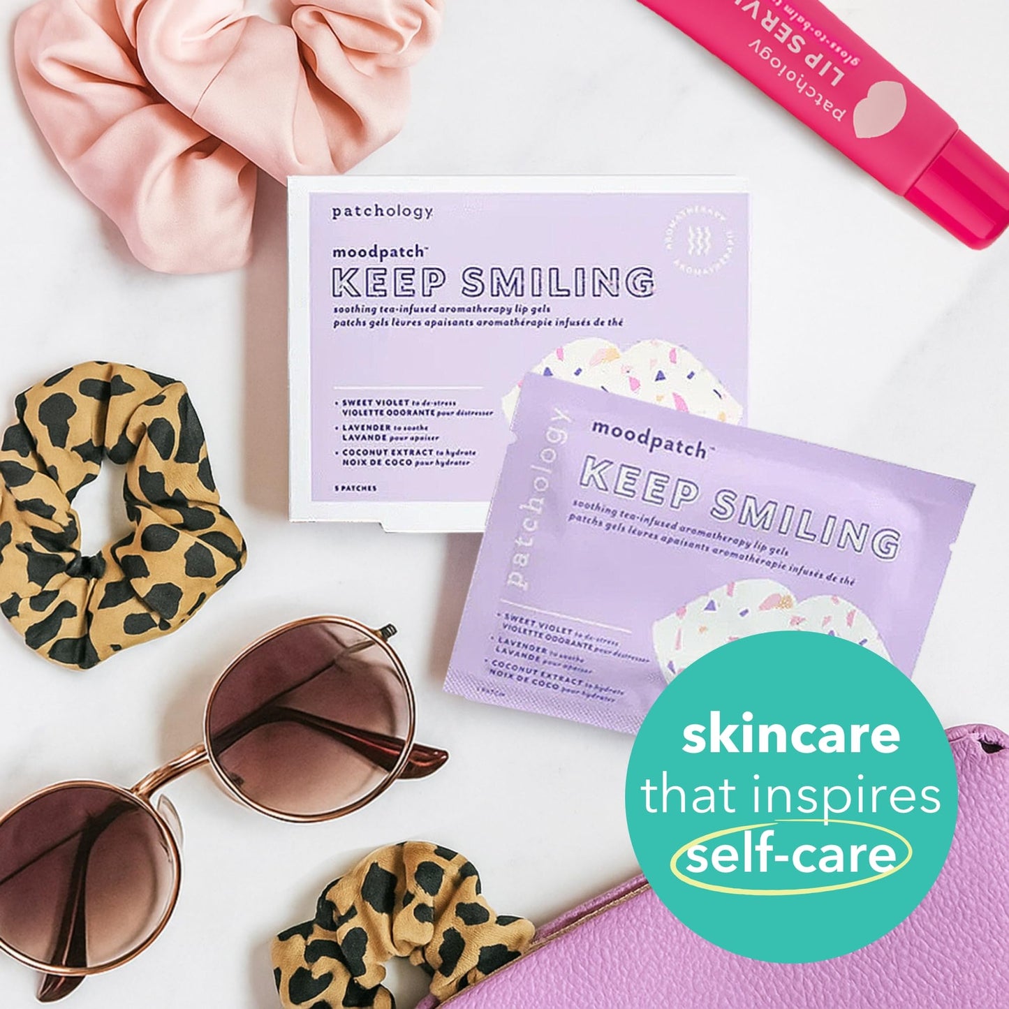 Patchology Moodpatch Keep Smiling Lip Mask - Hydrating gels with Sweet Violet, Lavender Petal & Coconut Extract for Soothing Aromatherapy - Moisturizing, Lip Primer - Ideal Bridesmaid Gifts - 5 Count