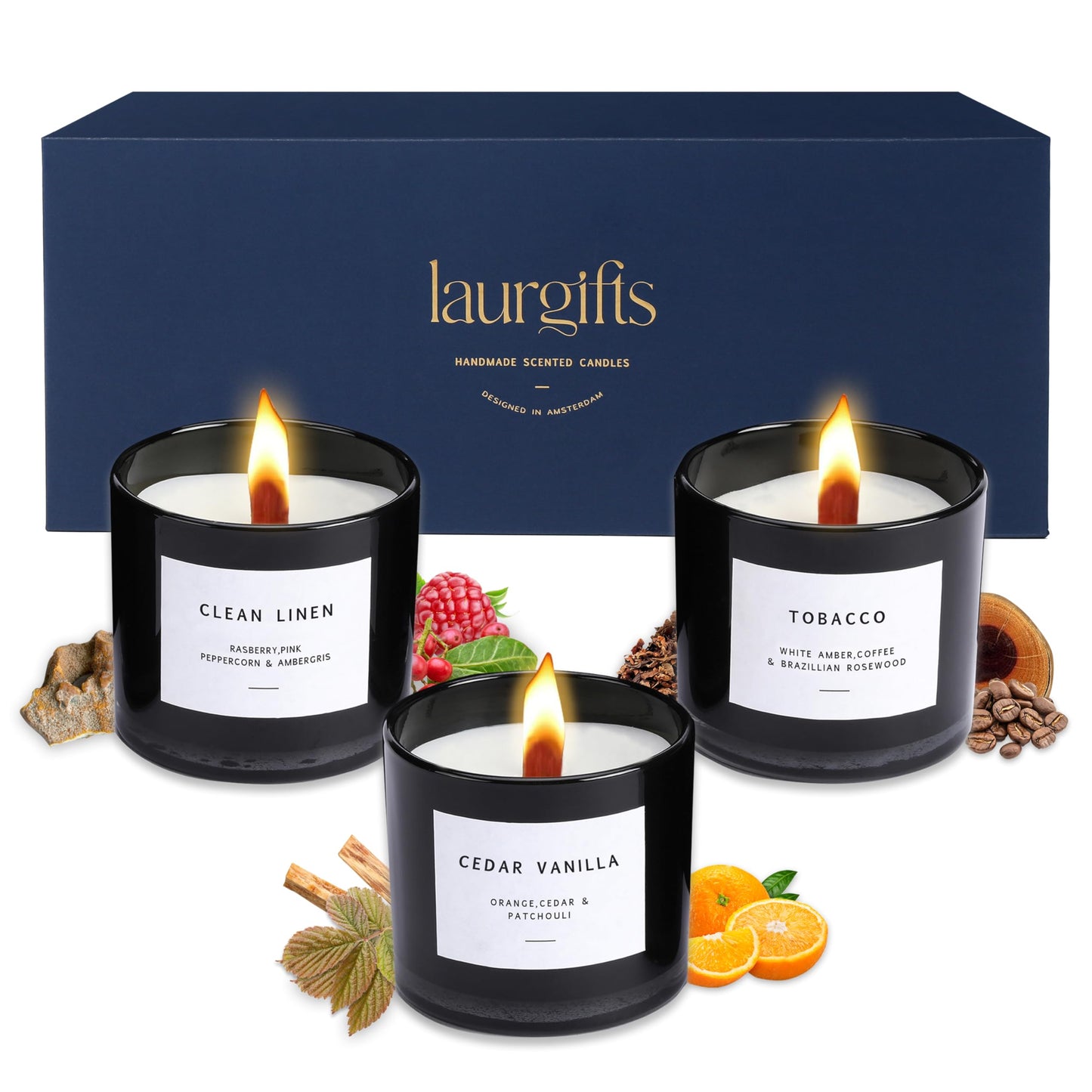 Scented Candles for Men – Masculine Candle Gift Set of 3 with Tobacco, Cedar Vanilla & Clean Linen – Luxury Navy Candles Gift Box, Birthday & Valentine’s Gifts for Men, Candles for Boyfriend