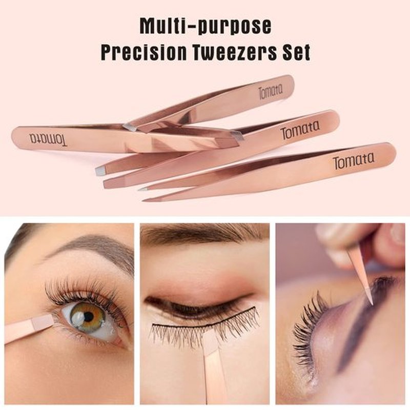 Tomata Tweezers for Eyebrows, Slant Tip and Pointed Eyebrow Tweezer Set Great Precision for Eyebrows Facial Hair, Ingrown Hair, Splinter, Blackhead and Tick Remover (4-piece) (Gold)