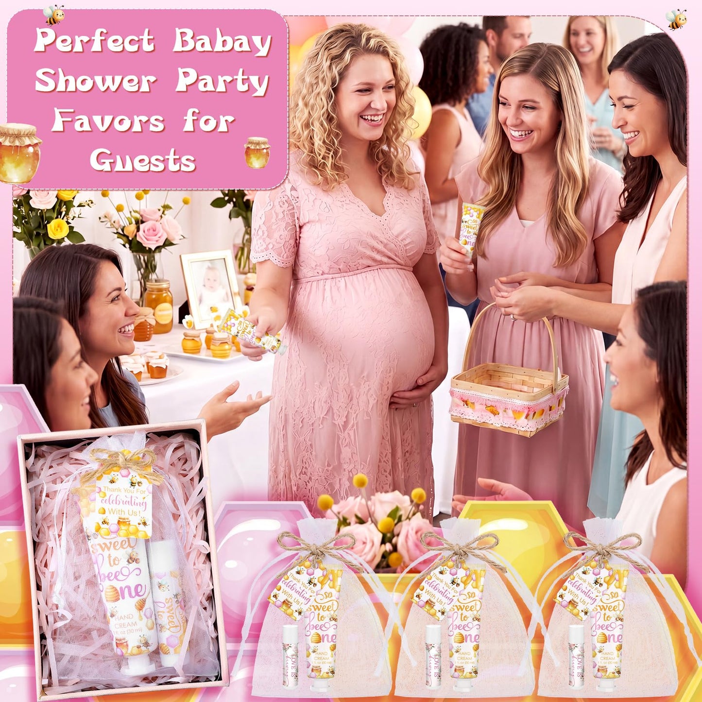 Dansib 24 Sets/96 Pcs Pink Honey Hand Cream and Lip Balm Gift Baby Shower Favors for Guest Thank You for Bee Travel Size Hand Lotion and Lip Balm Bulk Baby Shower Birthday Party Supplies