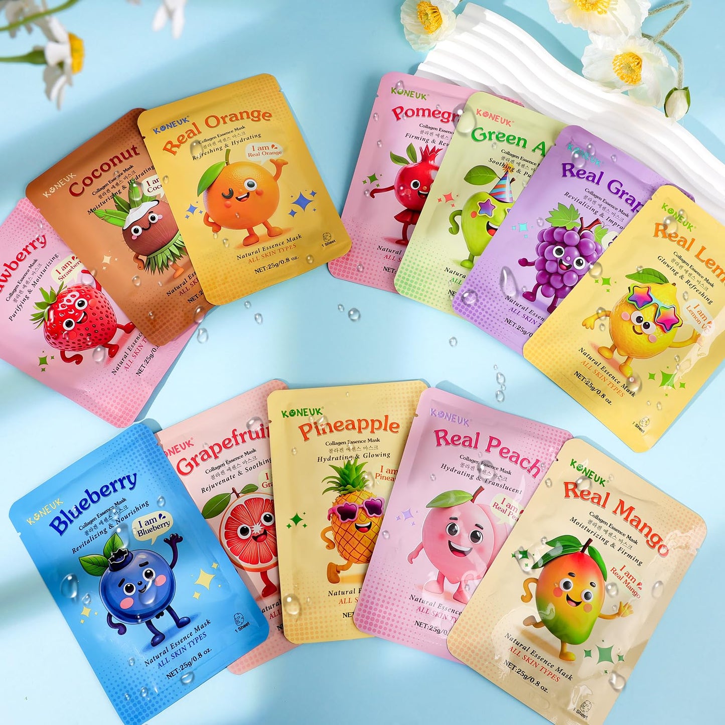 KONEUK 24 Pack Fruit Kids Face Mask, Collagen Hydrating Face Masks Skincare for Teens Girls, Skin Care for Kids, Spa Party Supplies and Bulk Birthday Gifts for Women, Sleepover Party Supplies