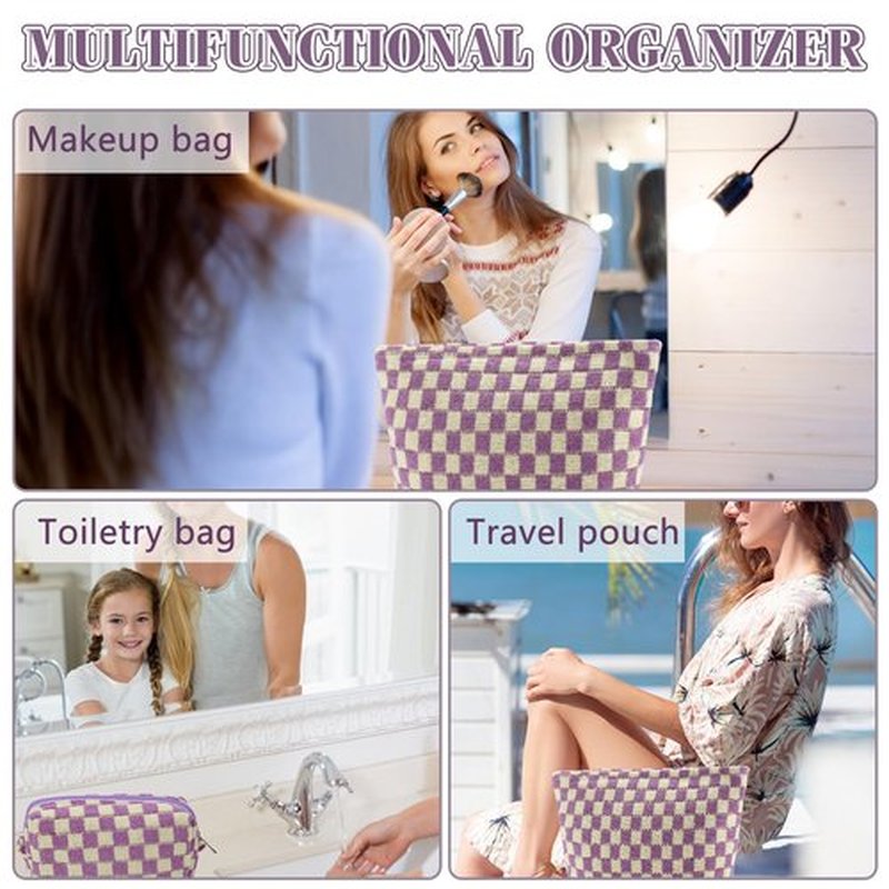 ZLFSRQ 3Pcs Checkered Makeup Bag for Women Large Cosmetic Bag Set Travel Toiletry Bag Makeup Pouch Bag for Purse Purple Zipper Storage Bag Organizer Cute Small Aesthetic Girls Car Essentials Bag