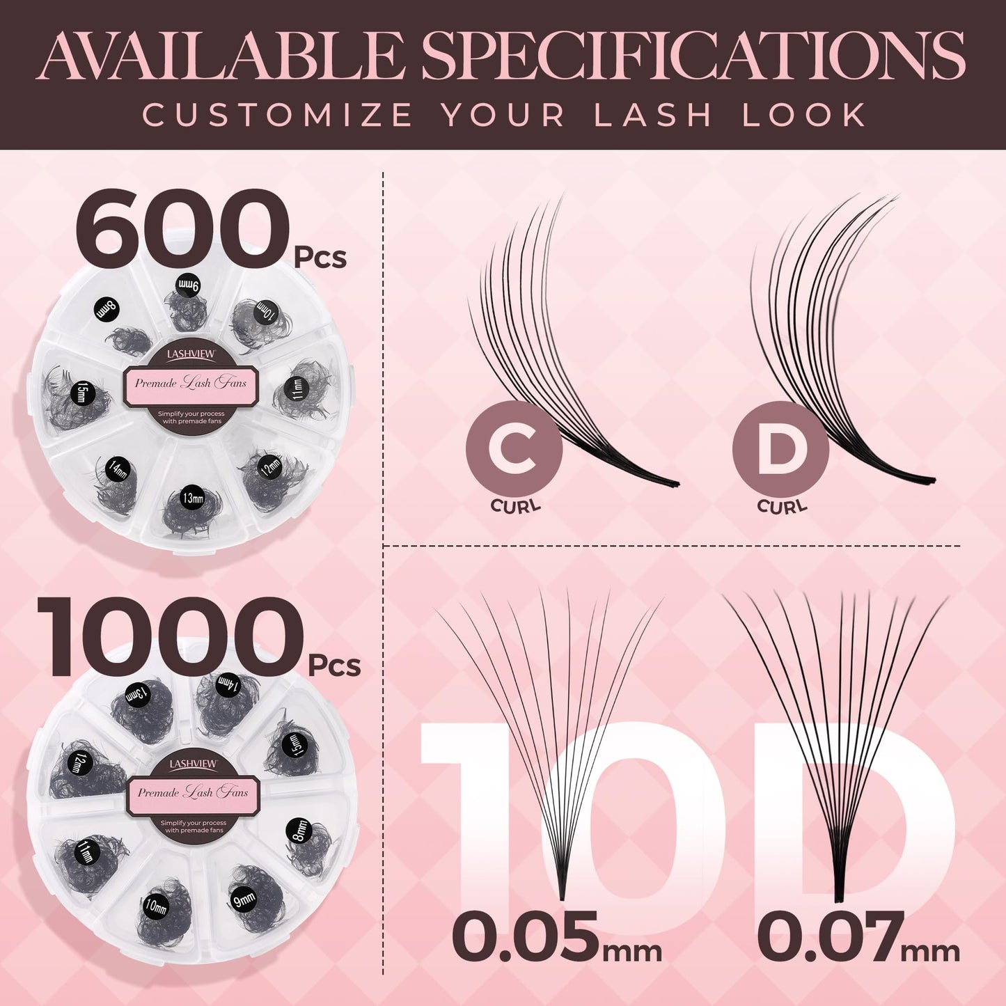 LASHVIEW 600 Fans 10D Premade Volume Eyelash Extensions Mixed Tray Premade Fans Eyelash Extensions D Curl Premade Lash Fans Pointed Handmade Promade Loose Fans Thin Base (10D-0.07D,8-15mm)