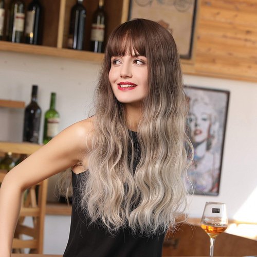 Yupher Brown Ombre Wig with Bangs Long Wavy Wigs for Women Synthetic Ombre Brown to Gray Wigs Natural Wave Medium Length Wigs Heat Resistant for Daily Party