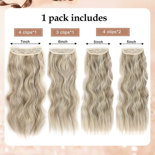 4PCS Curly Clip In Hair Extensions Dark Golden Mix Beige Blonde Synthetic 20inch long Wavy Clip in Hair Extensions Double Weft Long Thick Hairpieces Full Head For Women (20INCH, 18H613)