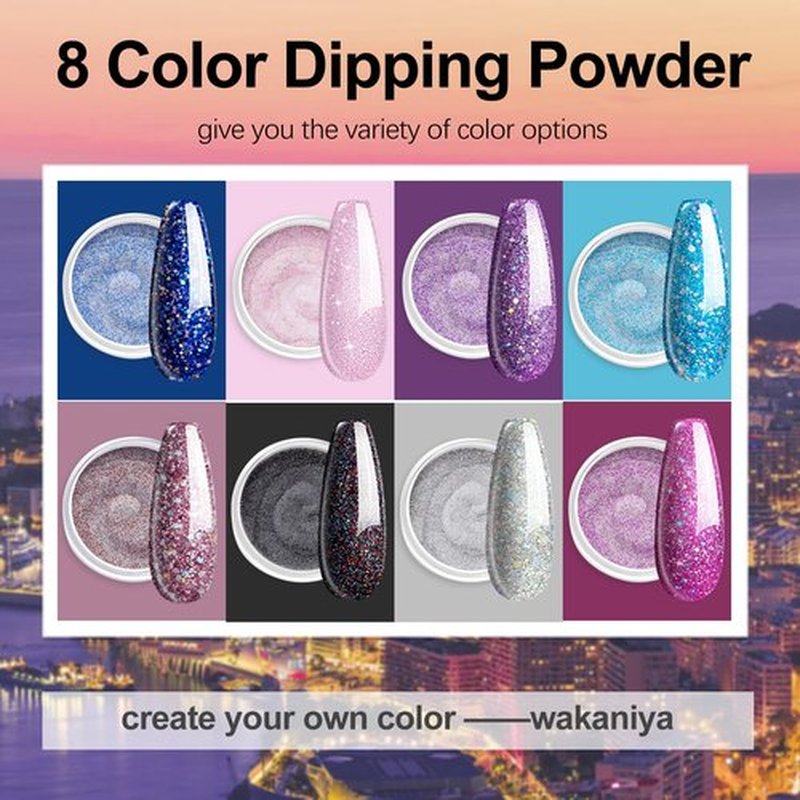 wakaniya Nail Dip Powder Kit 8 Colors Glitter Purple Galaxy Nails Powder Set with Liquids Base Top Coat Nail Remover Pads Dip Nails Starter Kit with Everything for Beginners