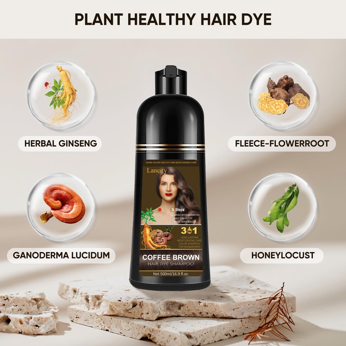 Lancity Hair dye shampoo 3 in1 Instant Coloring Shampoo, 100% Gray Coverage for Men & Women, Herbal Ingredients, Fast Color Shampoo (Coffee Brown)