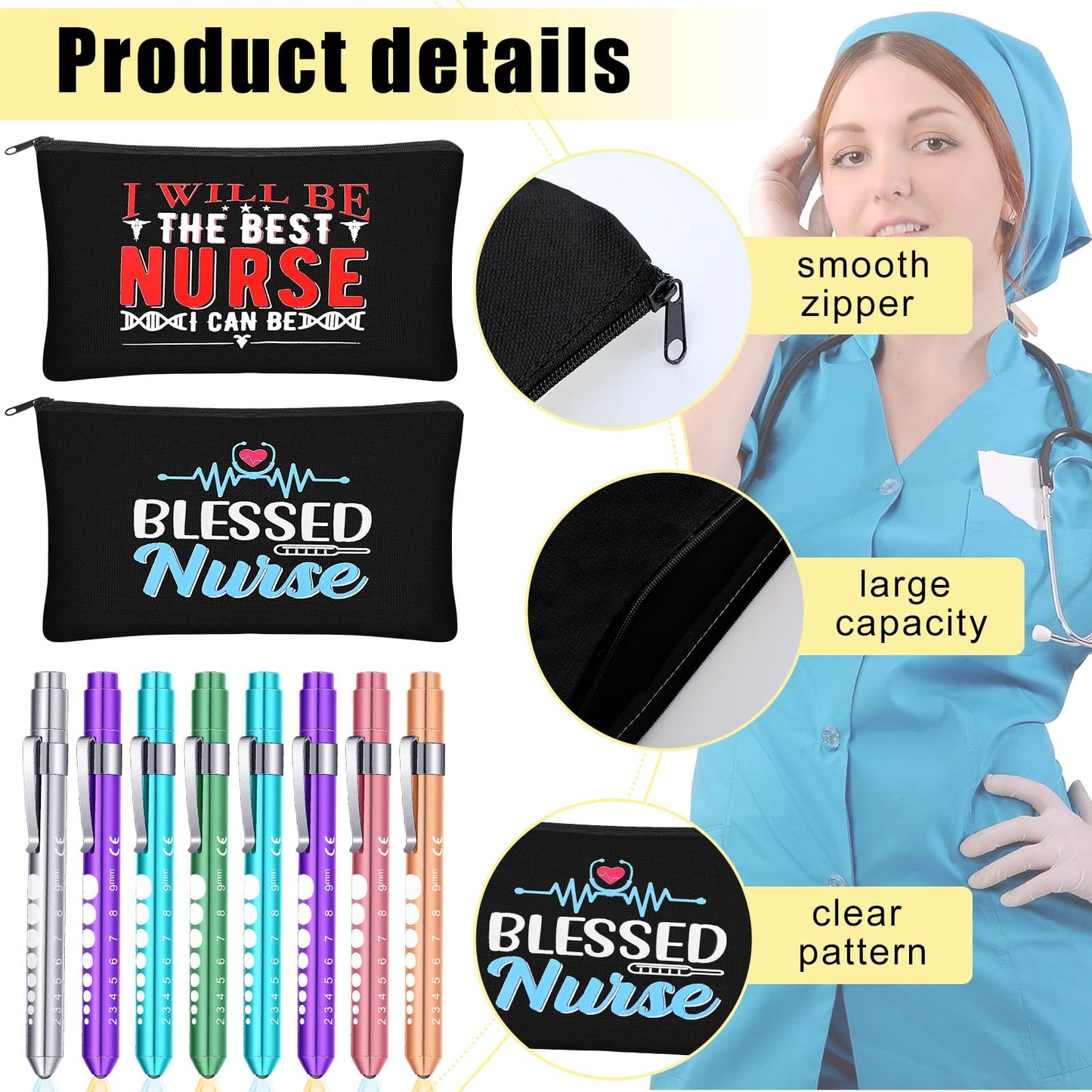 24 Pcs Nurse Week Gifts Set Nurse Accessories for Work Set Nurse Penlight Nurse Makeup Bags Cosmetic Bag Nurse Badge Reel Gifts for Nurse Nursing Student Christmas Gifts (Fresh Pattern)