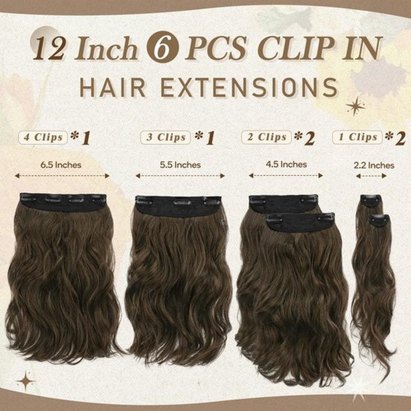 BARSDAR Wavy Clip in Hair Extensions - 12 Inch Brown Clip in Hair Extensions for Women - 6PCs Full Head Thick Soft Synthetic Clip in Hairpieces Daily Party Halloween - Chestnut Brown