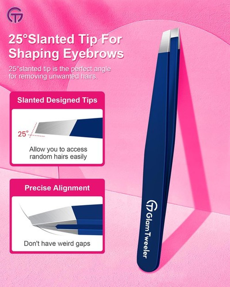 Expert Slant Tip Tweezers with Leather Travel Case, GlamTweeler Sharp & Precision Stainless Steel Tweezer for Eyebrows, Facial Hair and Fine Hairs Removal (Navy Blue)