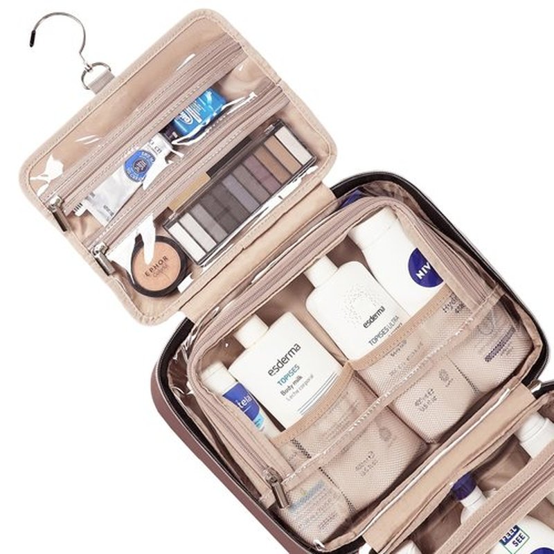 NISHEL Travel Toiletry Bag for women, Portable Hanging Organizer for Full-Sized Shampoo, Conditioner, Brushes Set, Makeup Accessories, Large Size, Rosewood-Pink
