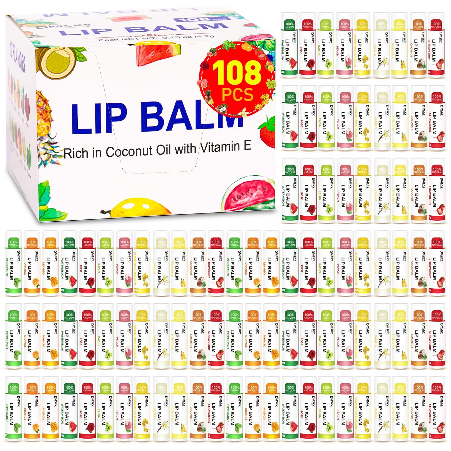 DMSKY 108 Pack Lip Balm, Natural Lip Balm Bulk with Vitamin E and Coconut Oil, Moisturizing Lip Balm for Chapped Lips, Bulk Lip Balm for Women-12 Flavors