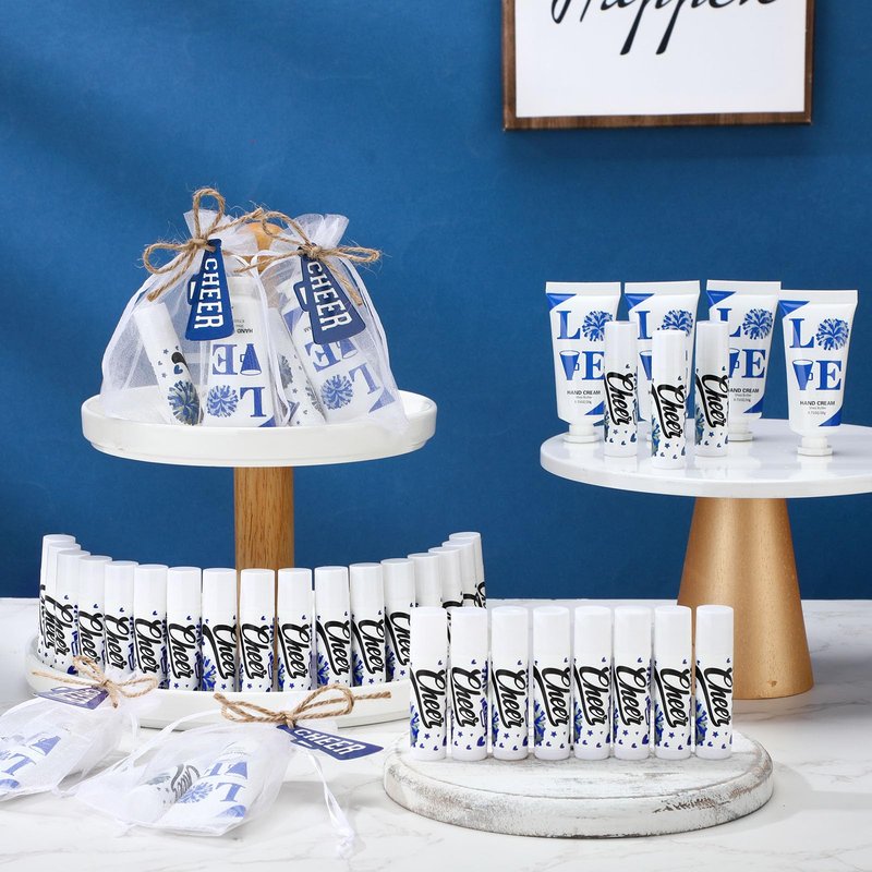 Heigble 144 Pcs Blue Cheer Lip Balm Hand Cream Set Party Favors Cheer Teams Camp Gifts Include 36 Lip Balm 36 Moisturizing Hand Cream 36 Bags 36 Cards and Ropes for Guest Party Supplies Accessories