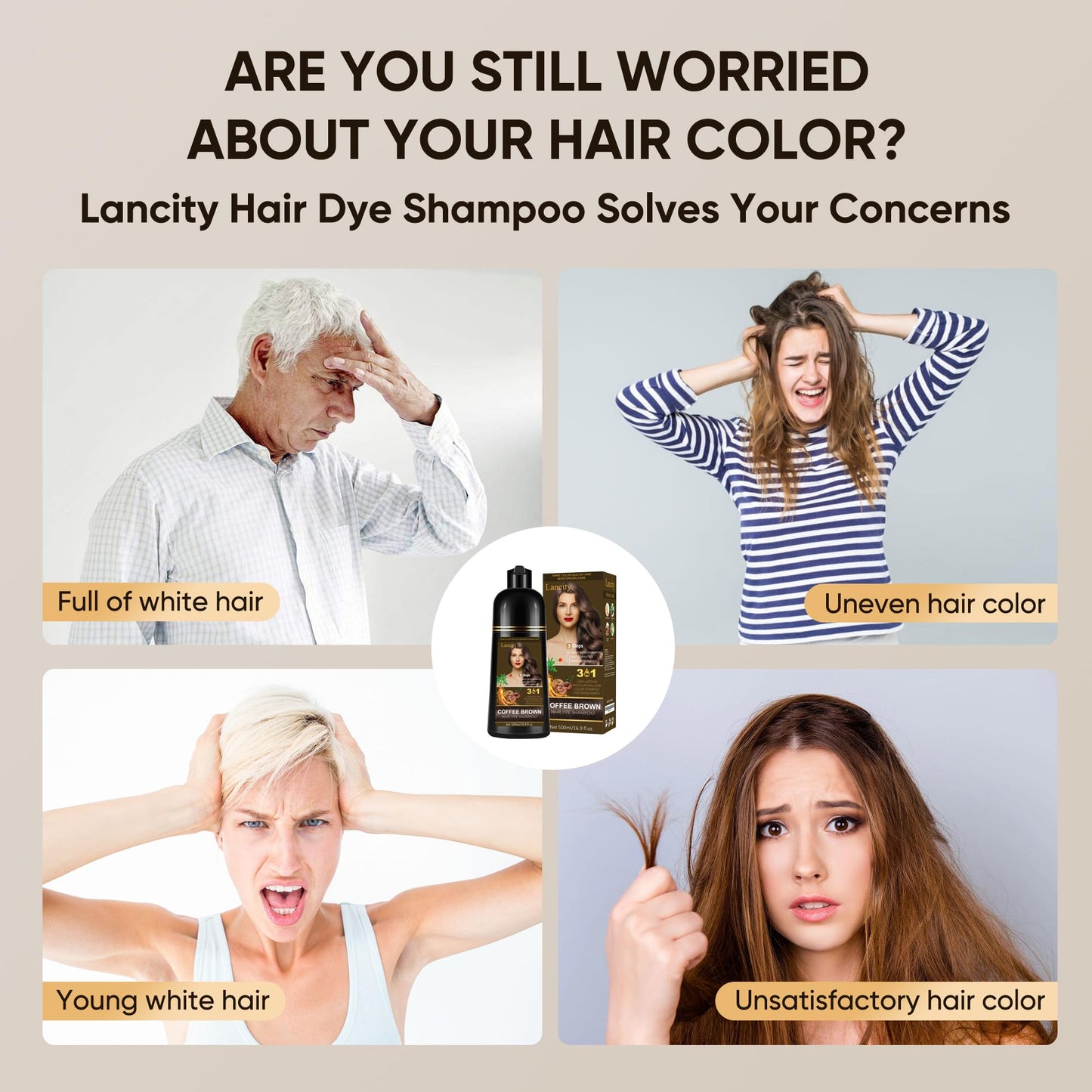 Lancity Hair dye shampoo 3 in1 Instant Coloring Shampoo, 100% Gray Coverage for Men & Women, Herbal Ingredients, Fast Color Shampoo (Coffee Brown)