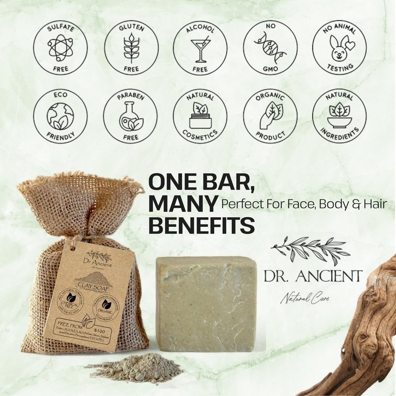 Dr.Ancient Clay Soap Bar, Organic Soap Bars Handcrafted the Traditional Way, Natural Chemical-Free, Vegan, Used for Face Wash, Body Wash, Hand Cleansing and Skin Care, Gentle Exfoliating Cleanser