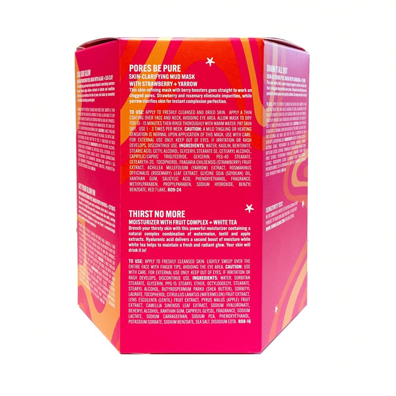 FORMULA 10.0.6 Skincare Face Mask Gift Set, Pink and Purple, 5-Piece Trial Size Collection with Charcoal Peel, Sea Clay, Papaya Masks, 1 fl oz Each