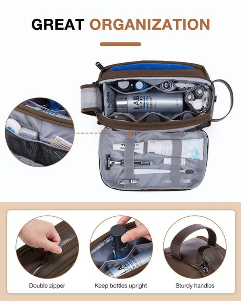 BAGSMART Toiletry Bag for Men, Large Travel Toiletry Organizer, Dopp Kit Water-resistant Shaving Bag for Toiletries Accessories - Brown
