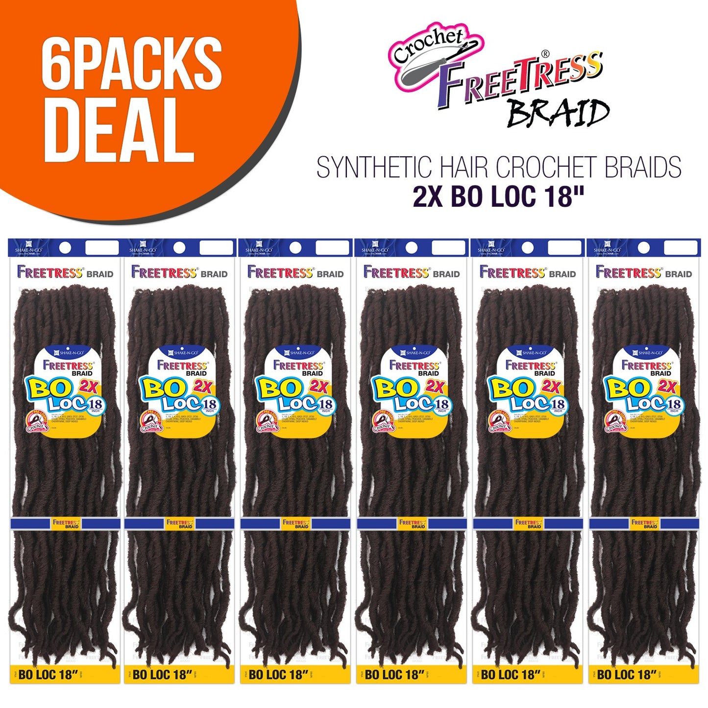 MULTI PACK DEALS! FreeTress Synthetic Hair Crochet Braids 2X Bo Loc 18" (6-PACK, 613)