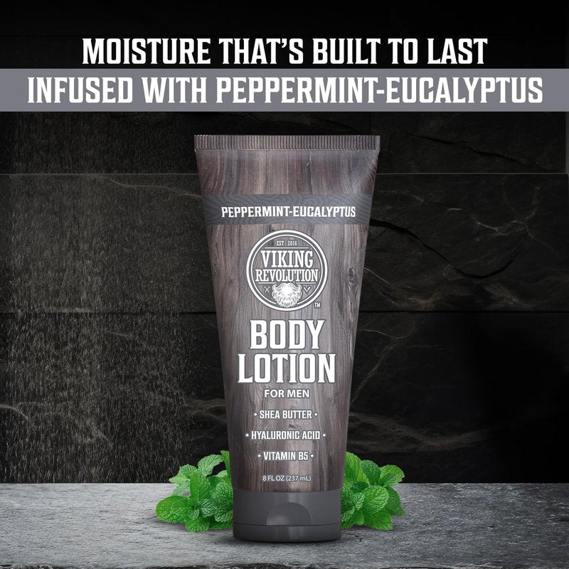 Viking Revolution Peppermint Eucalyptus Body Lotion for Men, Lotion for Dry Skin with Shea Butter, Hyaluronic Acid and Vitamin B5-8 Oz, 2 Pack